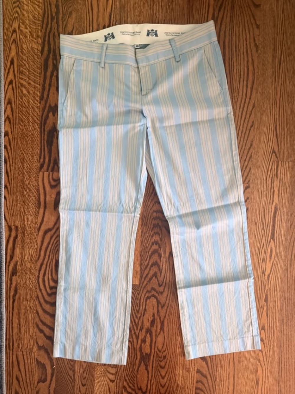Juicy Light Blue & White Striped Cropped Pants – Women’s Preppy Summer Pants